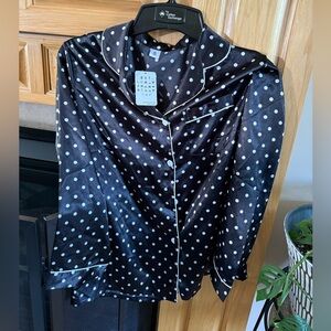 Black Satin Polka Dot Button-Up Pajama Top with White Piping